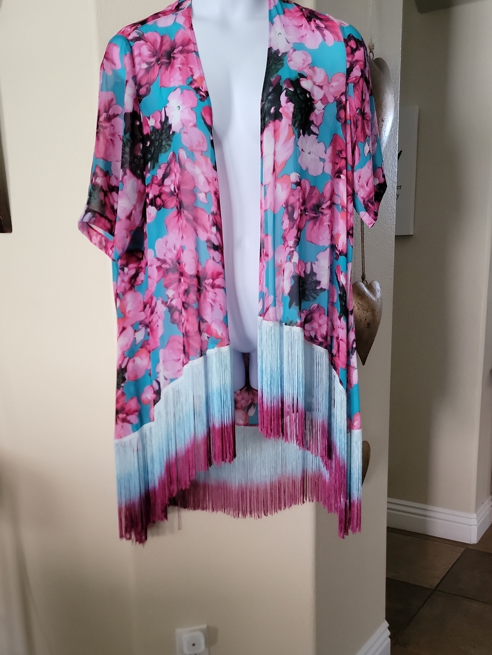PHILOSOPHY Floral Fringed   Kimono Turqouise/ Pink Size XS NWT